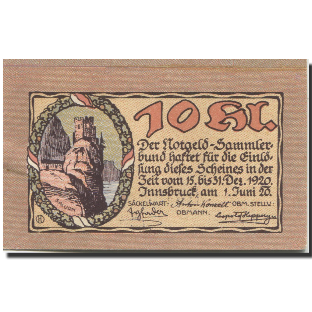 Banconote, Austria, Innsbruck, 10 Heller, ruine 1920-12-31, SPL Mehl:FS 412Ig