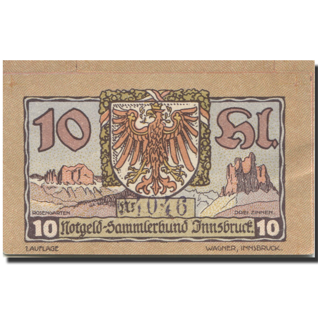 Banconote, Austria, Innsbruck, 10 Heller, ruine 1920-12-31, SPL Mehl:FS 412Ig