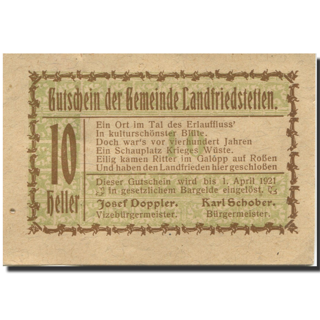 Banknote, Austria Landfriedstetten 10 Heller face value 1921 UNC(63) Mehl:FS 499