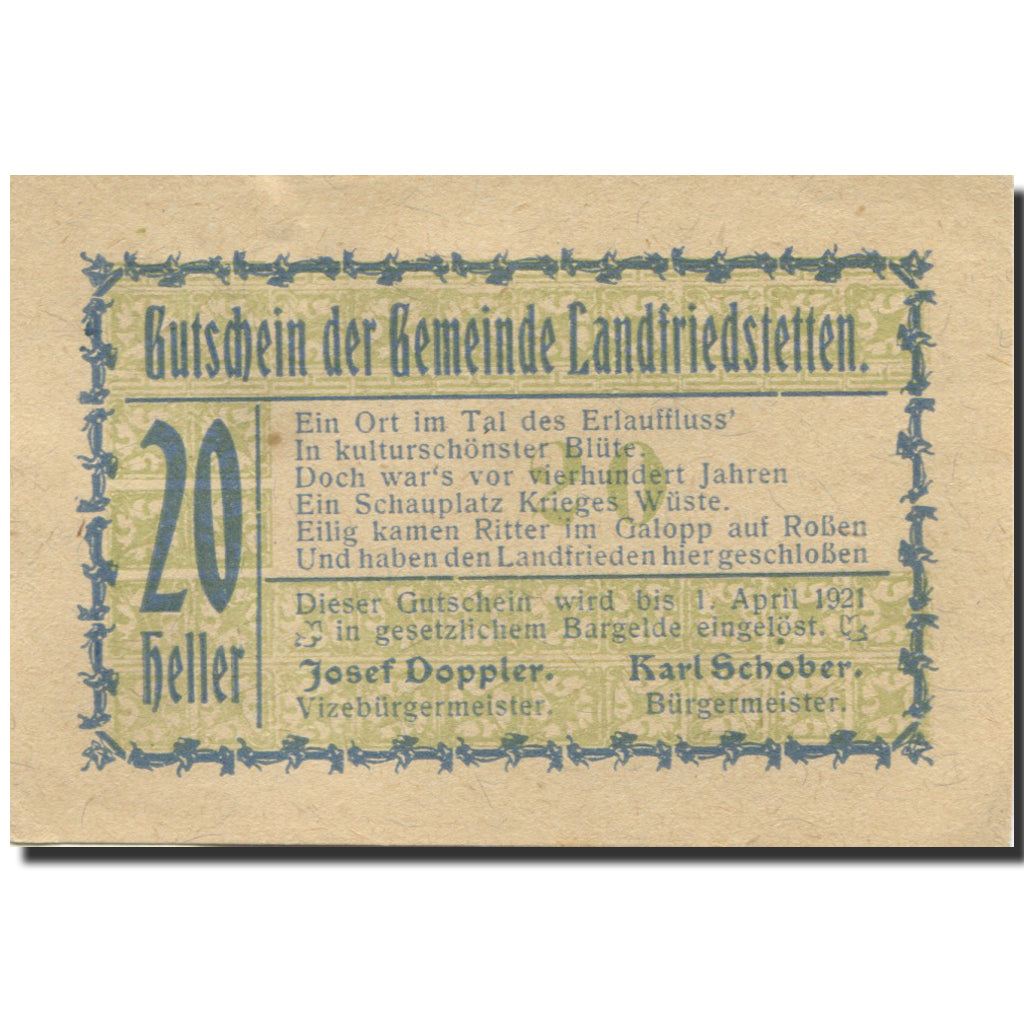 Banknote, Austria, Landfriedstetten, 20 Heller 1921 UNC(63) Mehl:FS 499