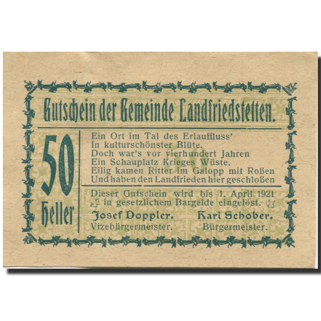 Banknote, Austria, Landfriedstetten, 50 Heller 1921 UNC(63) Mehl:FS 499