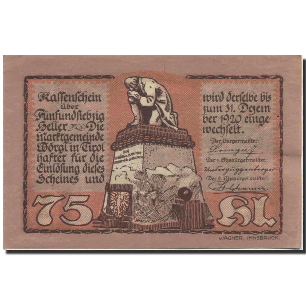 Banknote, Austria, Worgl, 75 Heller, statue 1920-12-31, UNC(63), Mehl:FS 1252a