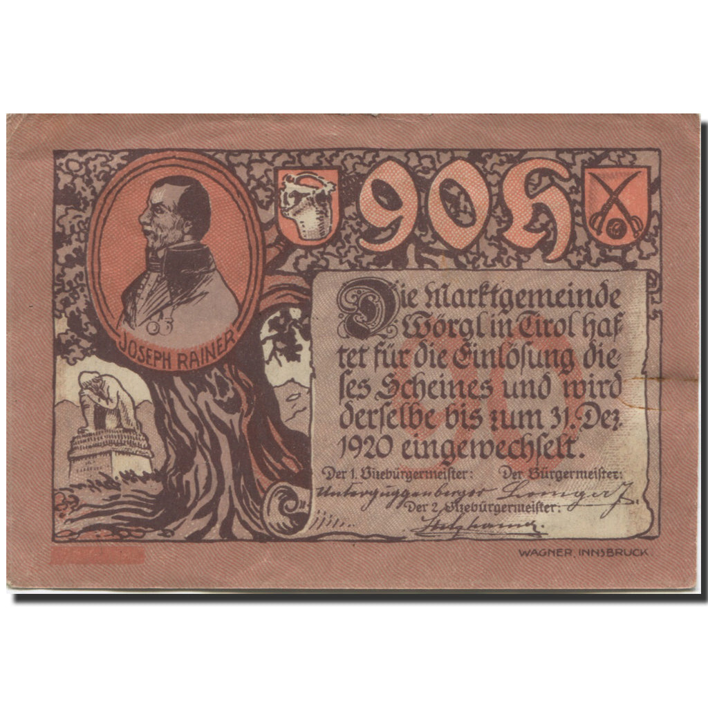 Banknote, Austria, Worgl, 90 Heller, arbre, 1920 UNC(60-62) Mehl:FS 1252a
