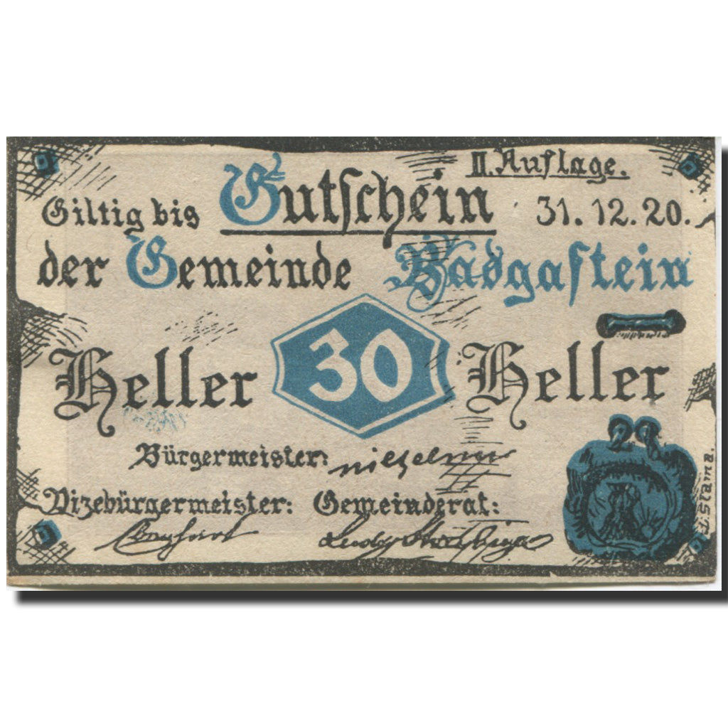 Billet, Autriche, Bad Gastein, 30 Heller, montagne 1920-12-31, SPL Mehl:FS 75IIa