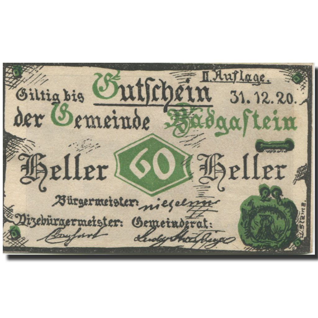 Banconote, Austria, Bad Gastein, 60 Heller, Ville 1920-12-31, SPL Mehl:FS 75IIa