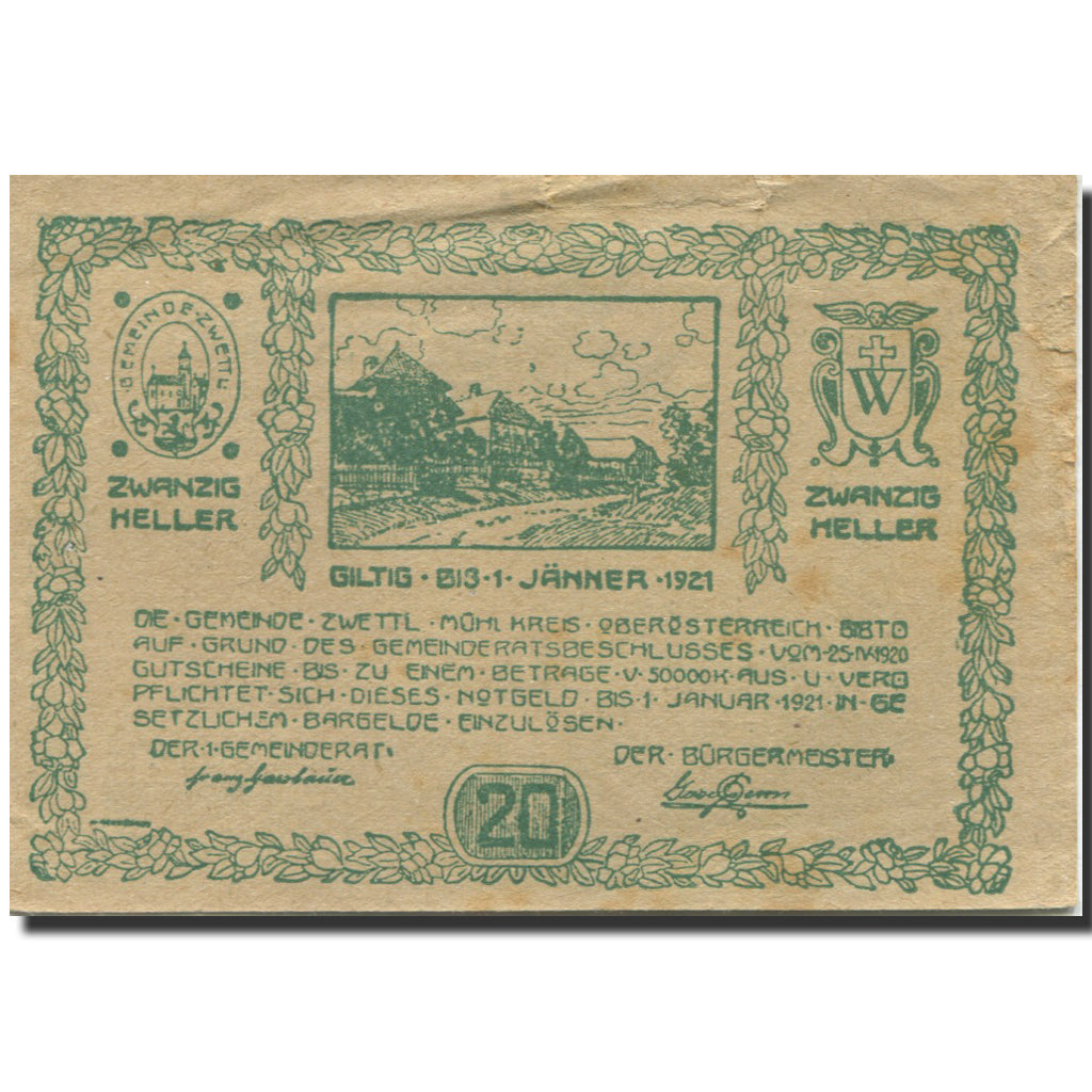 Billet, Autriche, Zwettl, 20 Heller, rue, 1921, 1921-01-01, SUP, Mehl:FS 1279a