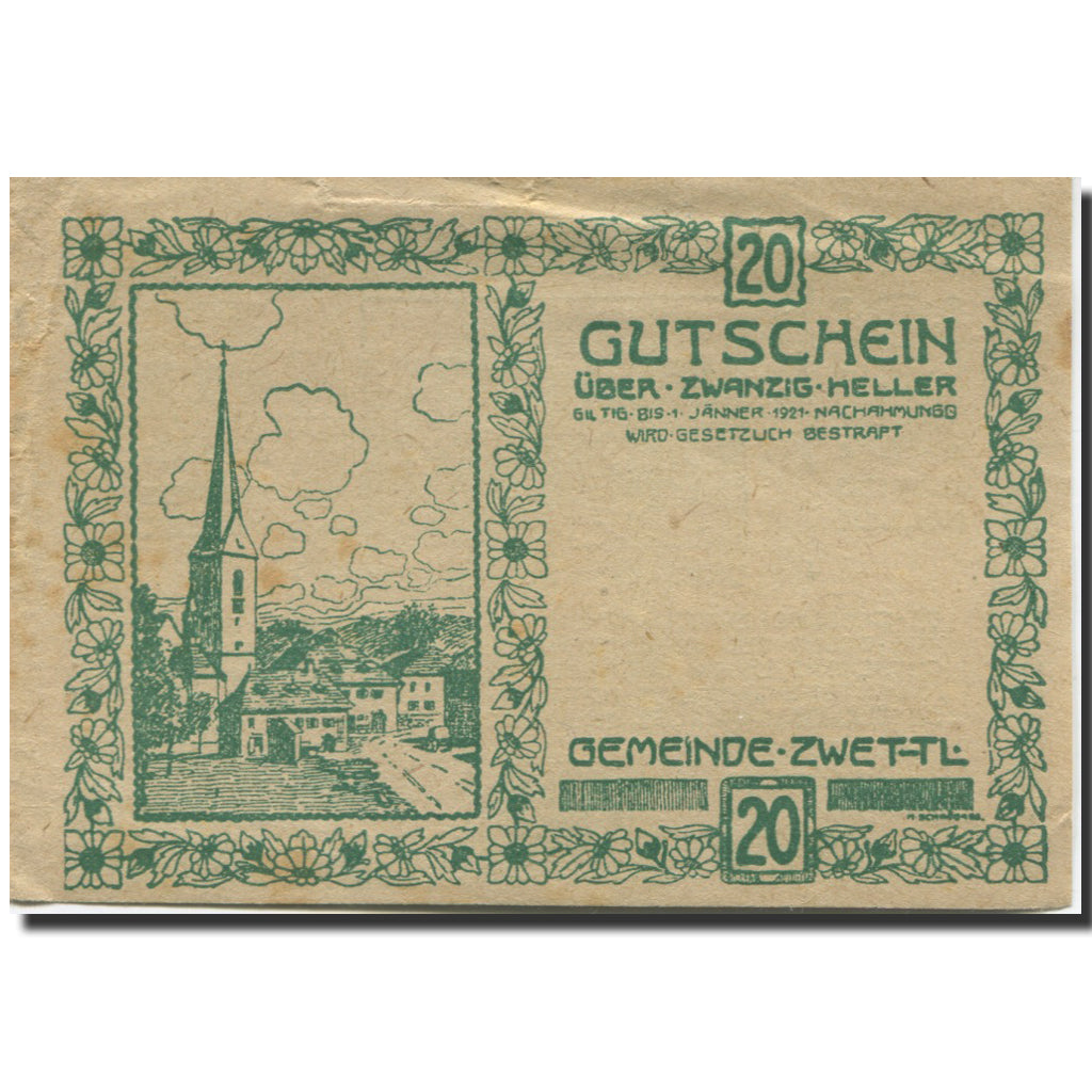 Billet, Autriche, Zwettl, 20 Heller, rue, 1921, 1921-01-01, SUP, Mehl:FS 1279a