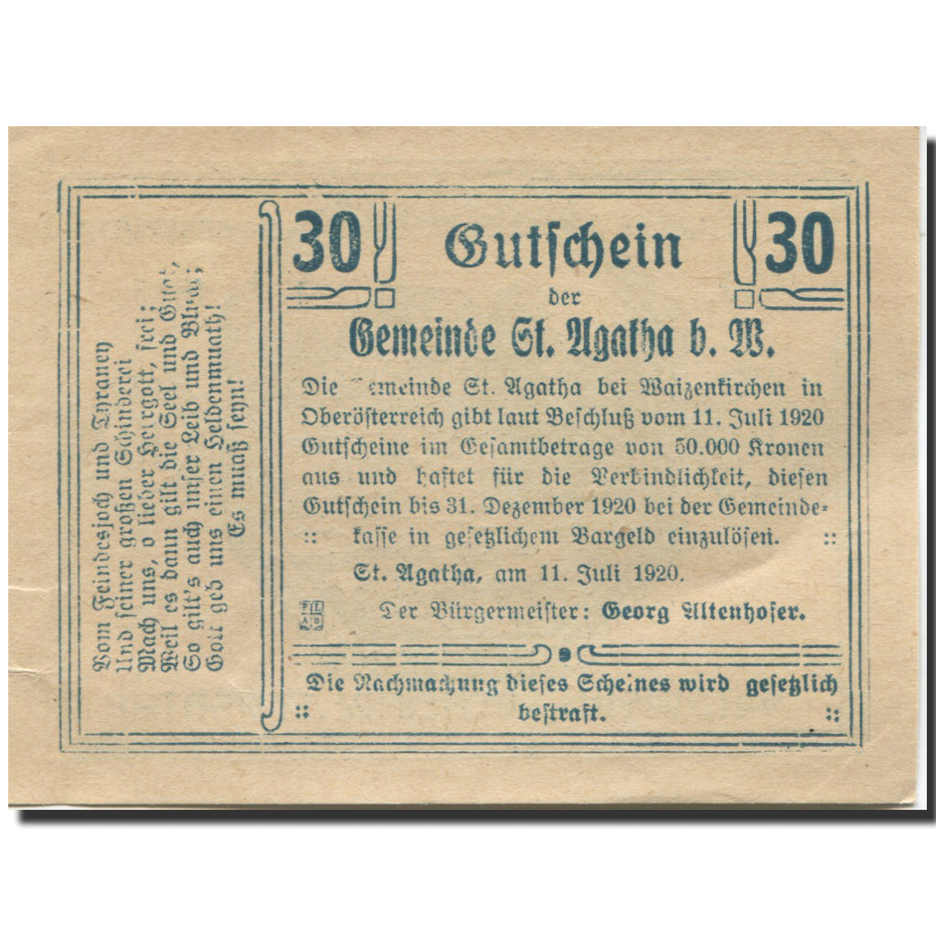 Nota, Áustria, St Agatha, 30 Heller, chalet 1920-12-31, UNC(63), Mehl:FS 877I