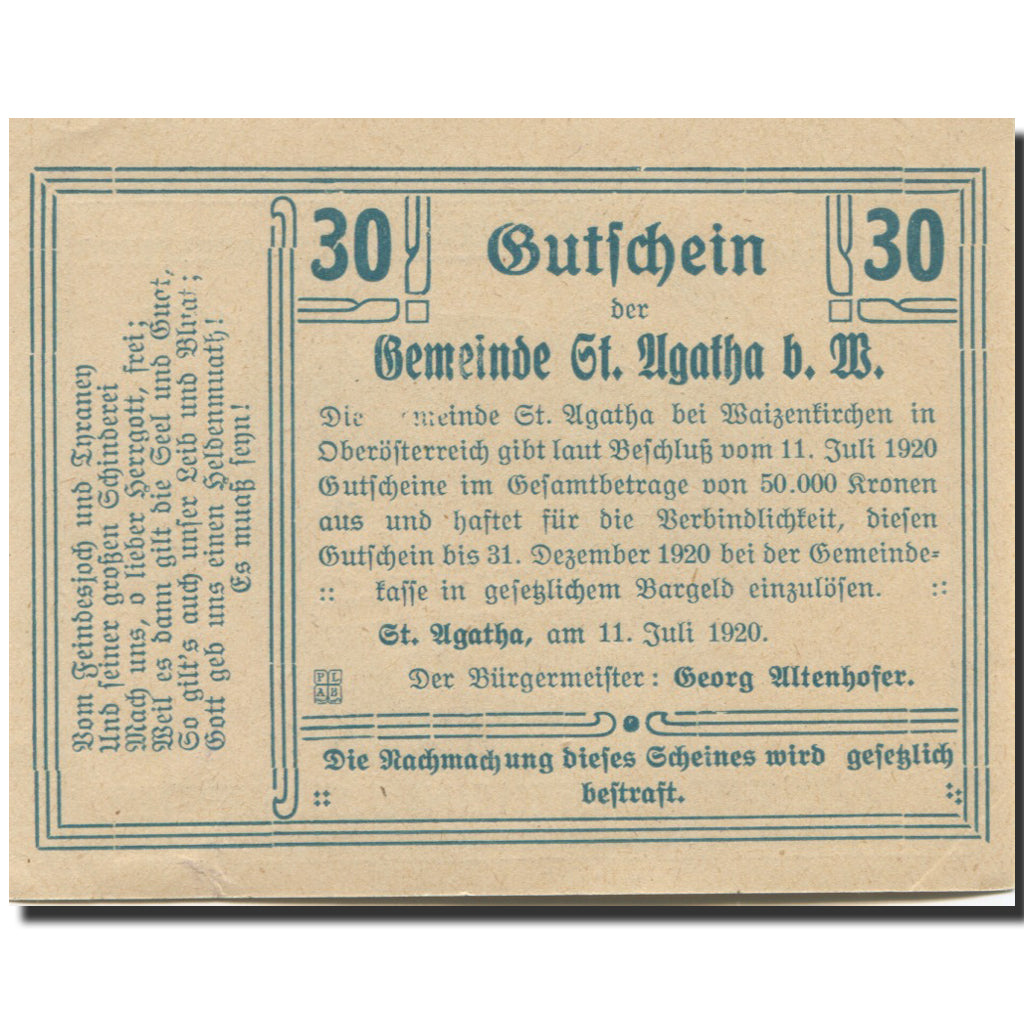 Banknote, Austria, St Agatha, 30 Heller, chalet 1, 1920 UNC(63) Mehl:FS 877