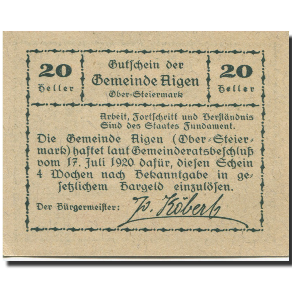 Banknote, Austria, Aigen, 20 Heller, cheval 1920-07-17, UNC(63), Mehl:FS 14a