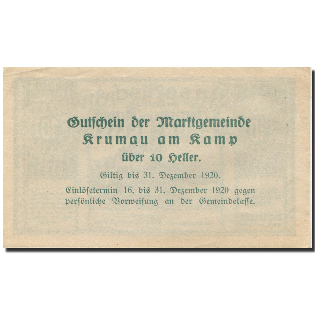 Banknote, Austria, Krumau am Kamp, 10 Heller, ruine, 1920 UNC(63) Mehl:FS 487a