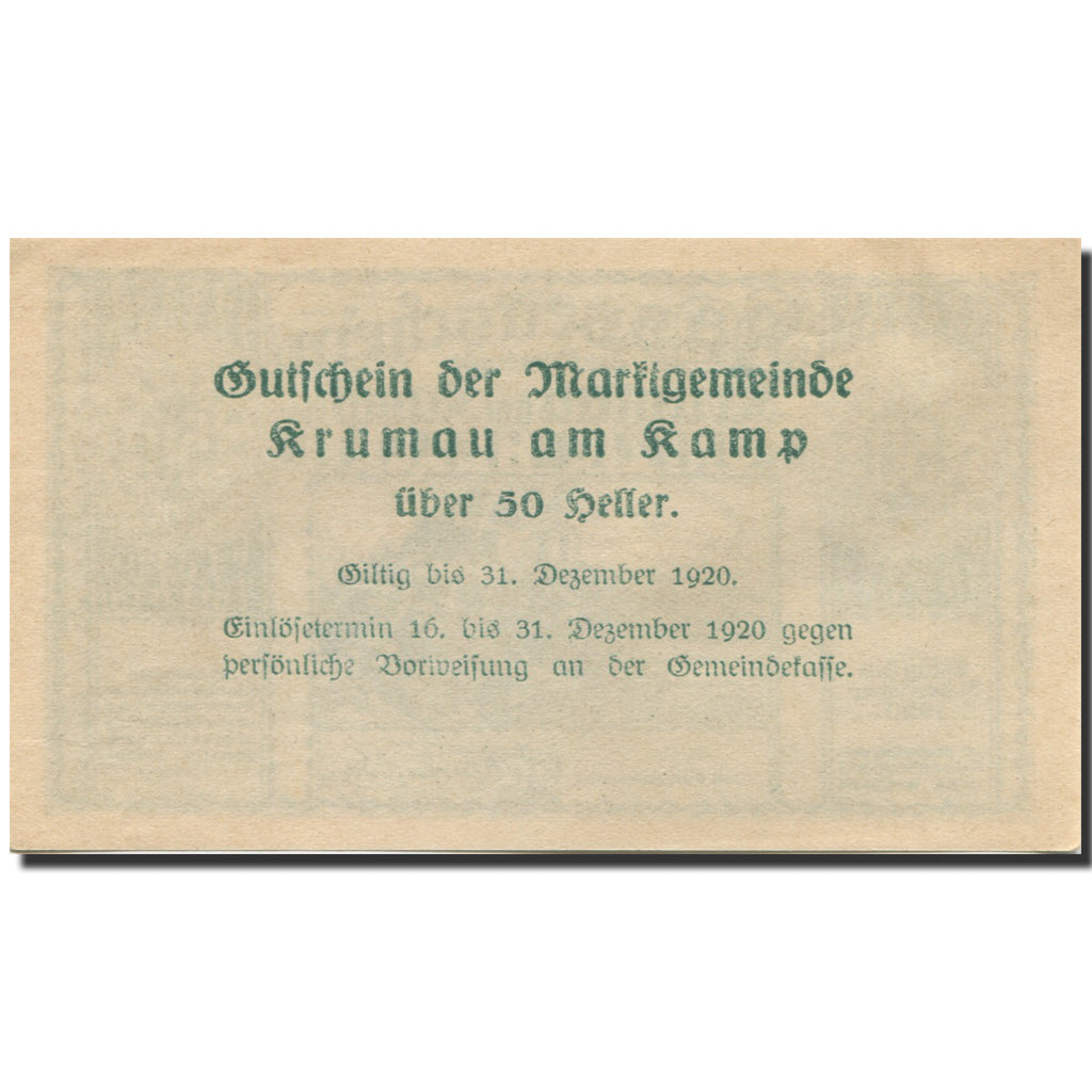 Banconote, Austria, Krumau am Kamp, 50 Heller, ruine 2, 1920 SPL Mehl:FS 487a