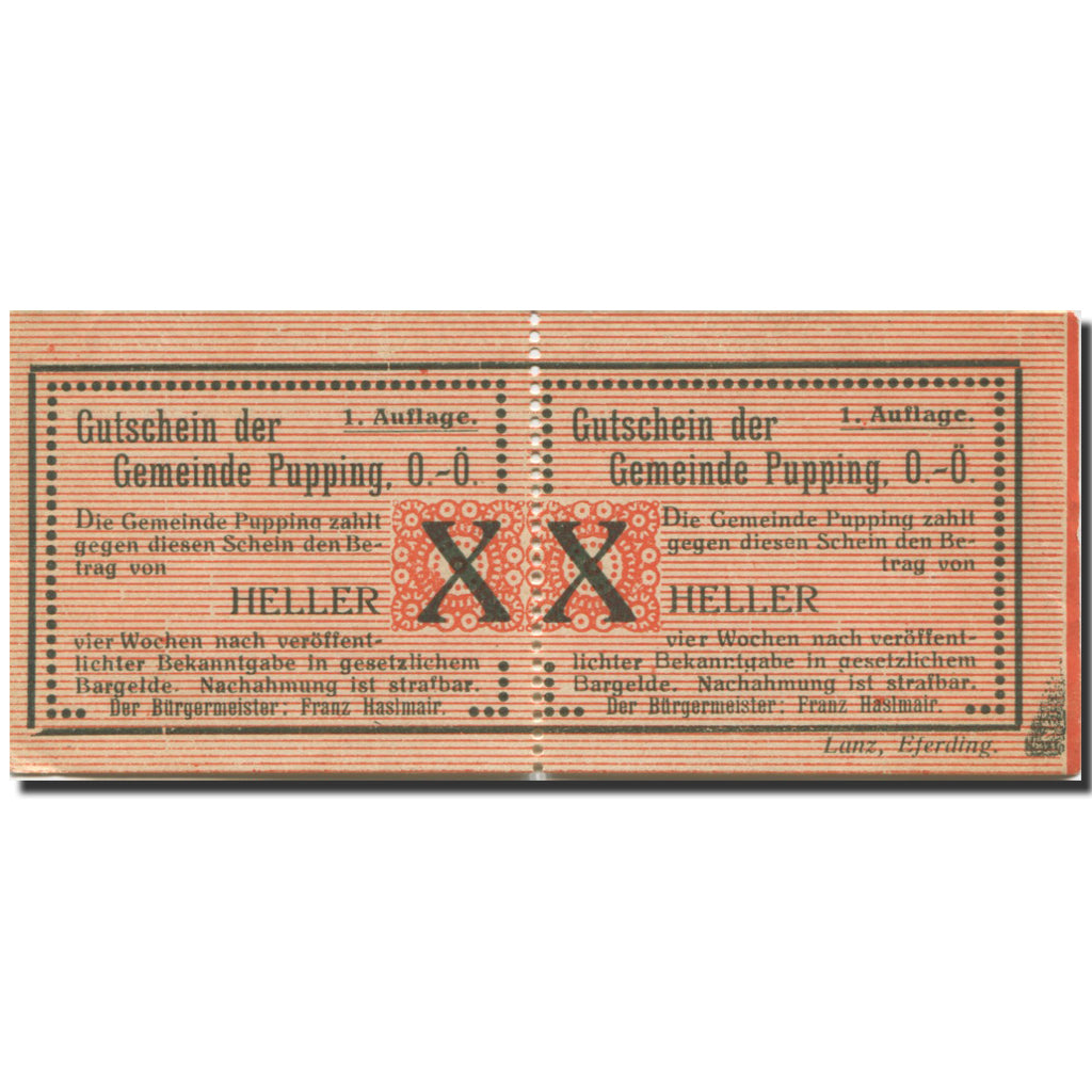 Banknote, Austria, Pupping, 10 Heller, valeur faciale, UNC(63), Mehl:FS 792I