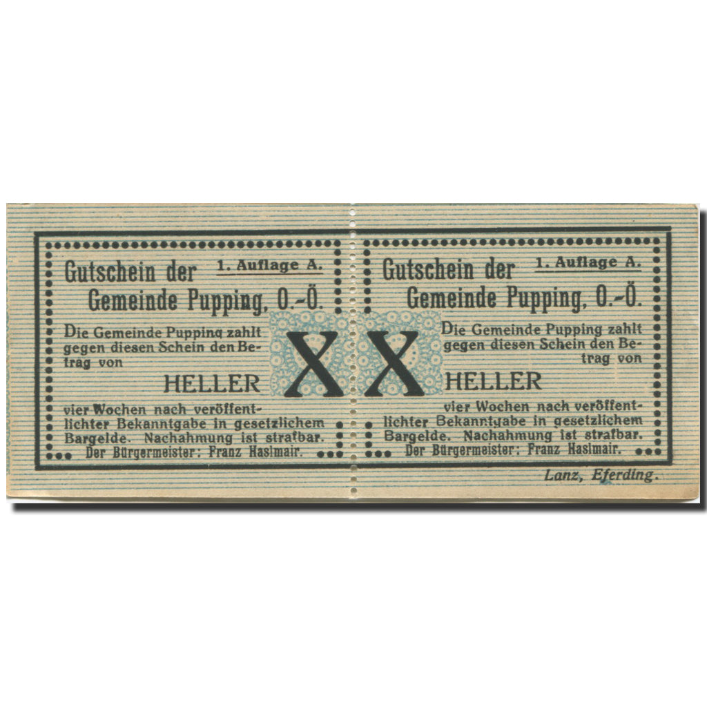 Banknote, Austria, Pupping, 10 Heller, valeur faciale 1, UNC(63), Mehl:FS 792I