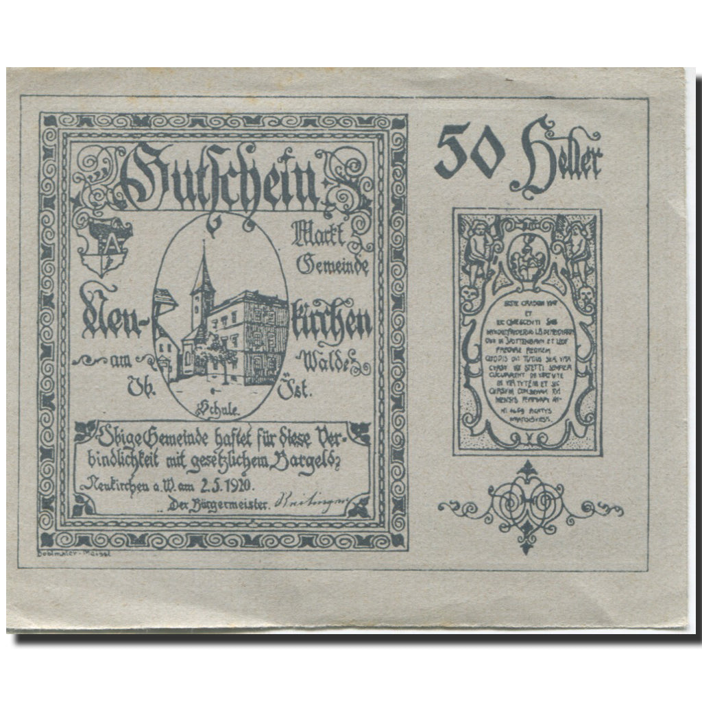 Geldschein, Österreich, Neukirchen, 50 Heller, Eglise, 1920 VZ Mehl:FS 655Ia