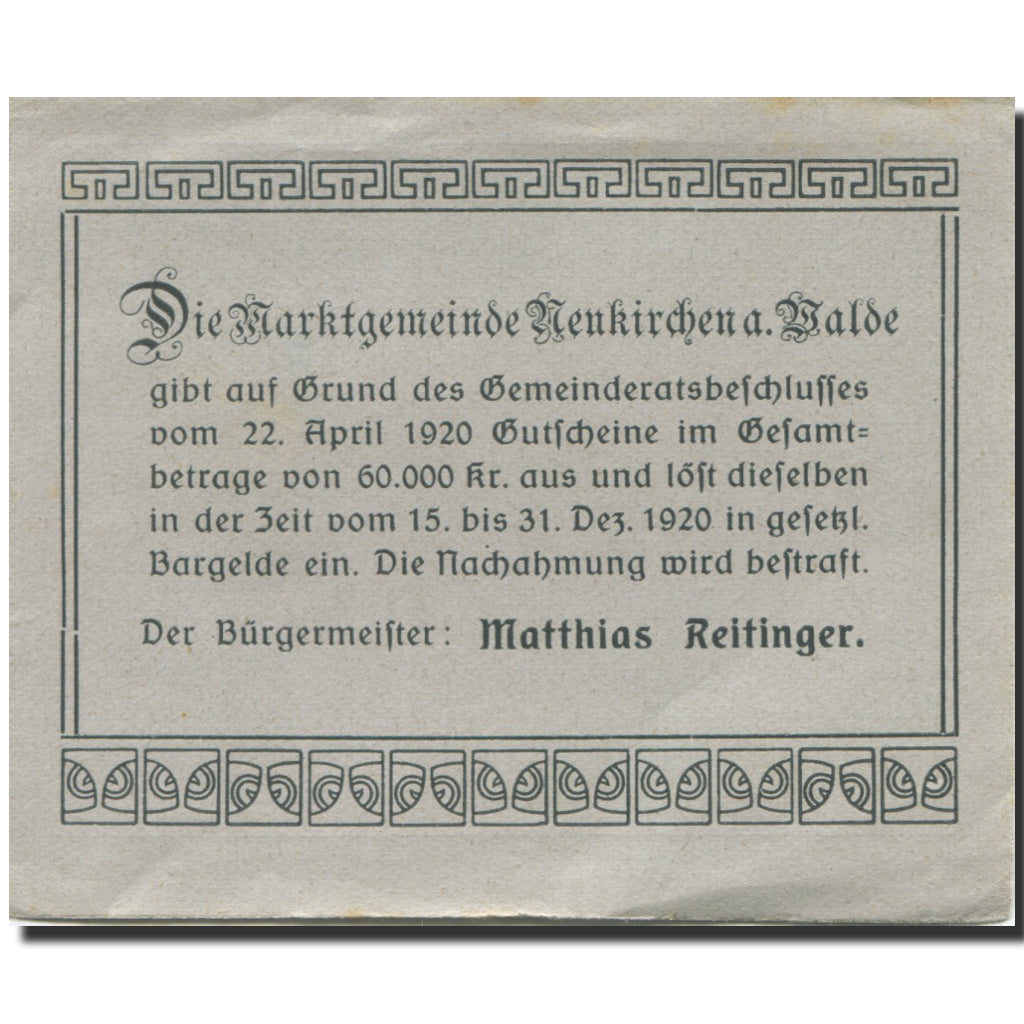 Geldschein, Österreich, Neukirchen, 50 Heller, Eglise, 1920 VZ Mehl:FS 655Ia