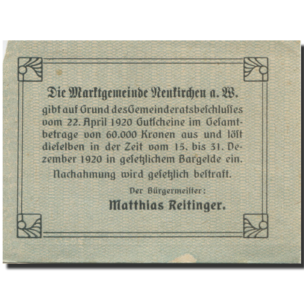 Banknote, Austria, Neukirchen, 20 Heller, rue, 1920 EF(40-45) Mehl:FS 655Ia