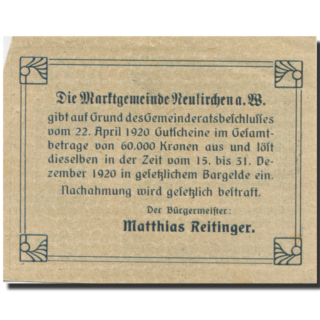 Banknote, Austria, Neukirchen, 10 Heller, rue 1, 1920 EF(40-45) Mehl:FS 655Ia
