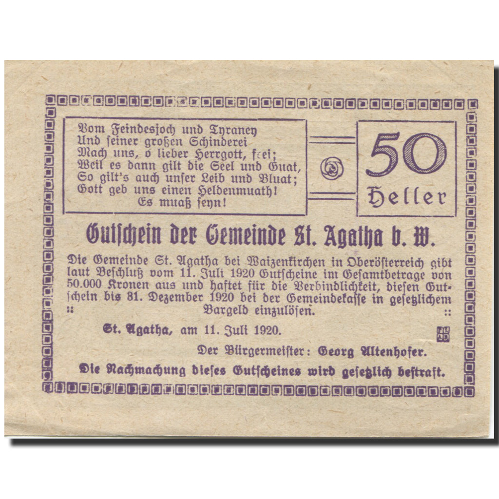 Banknote, Austria, St Agatha, 50 Heller, arbre, 1920 UNC(63) Mehl:FS 877IId