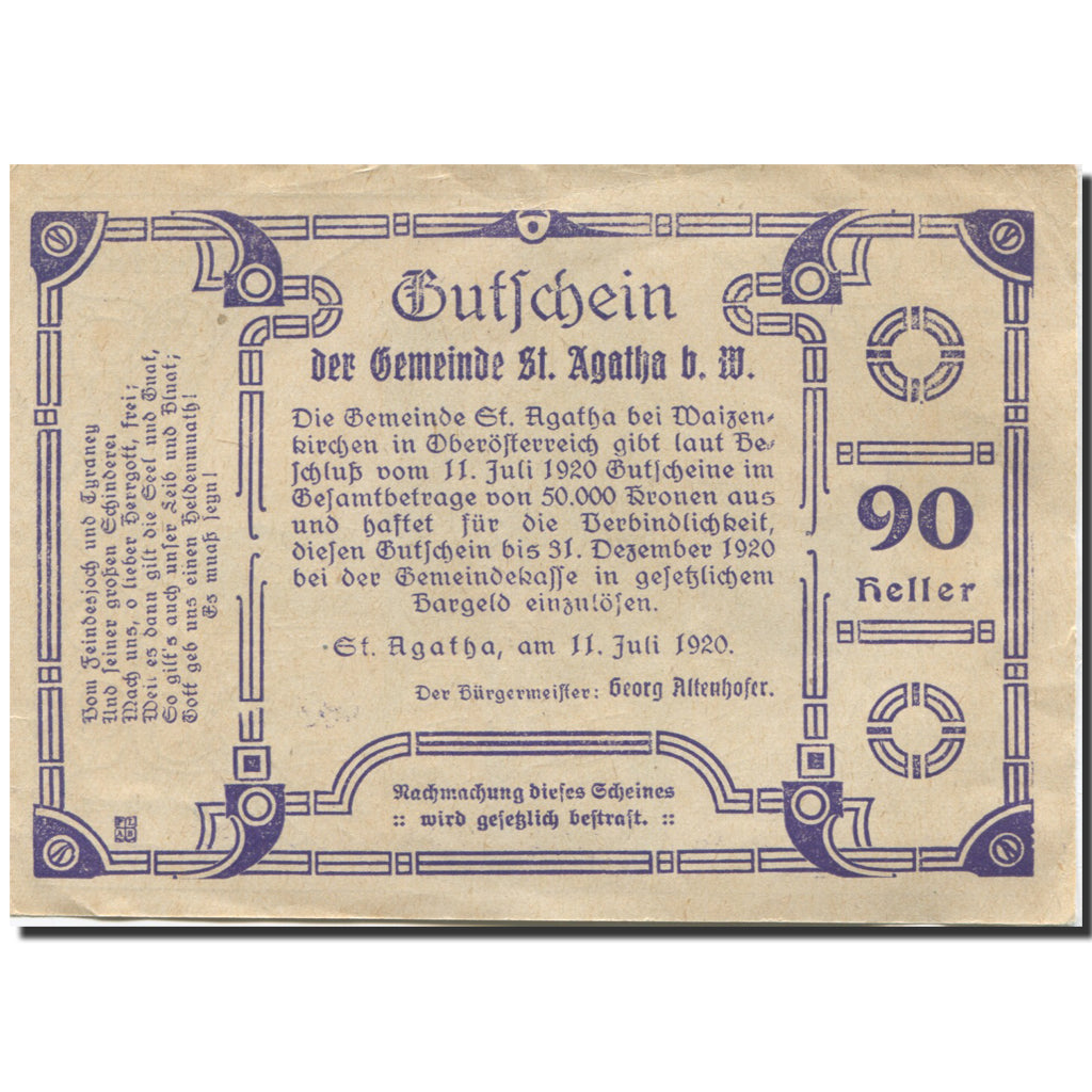 Banknote, Austria, St Agatha, 90 Heller chevalier 1920 AU(55-58) Mehl:FS 877IIf