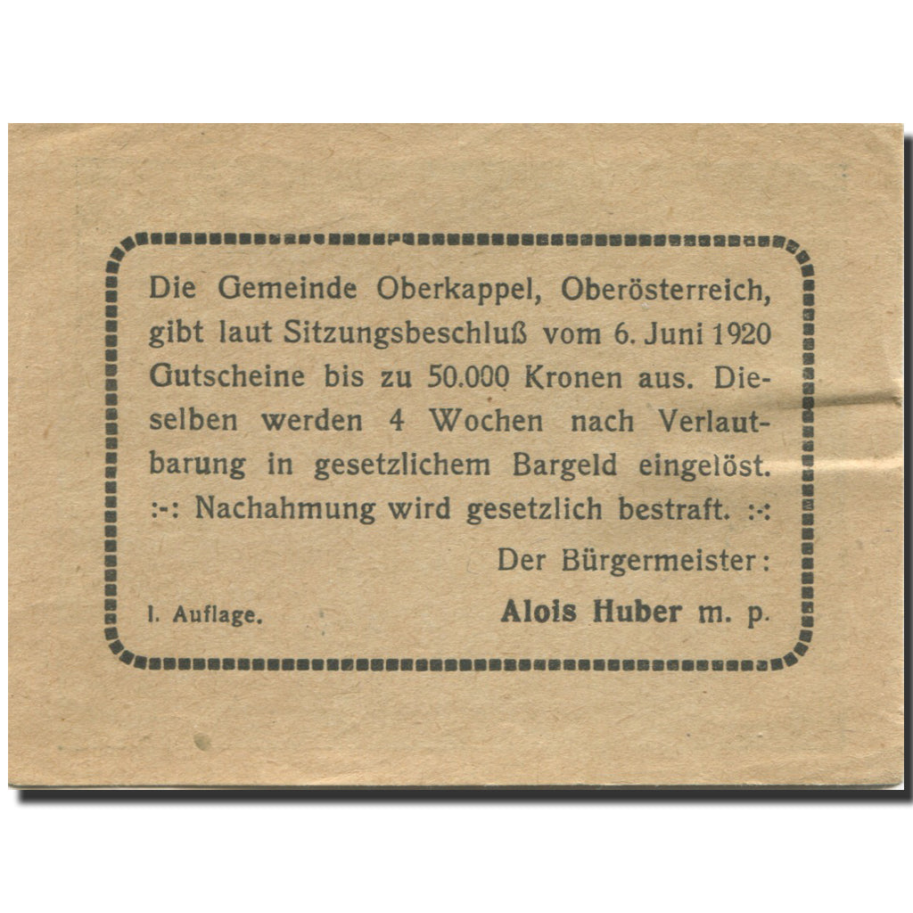 Banknote, Austria, Oberkappel, 50 Heller, paysage, 1920 UNC(63) Mehl:FS 684a