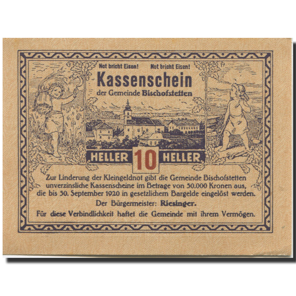 Banknote, Austria, Bischofstetten, 10 Heller, Eglise, 1920 UNC(63) Mehl:FS 92a