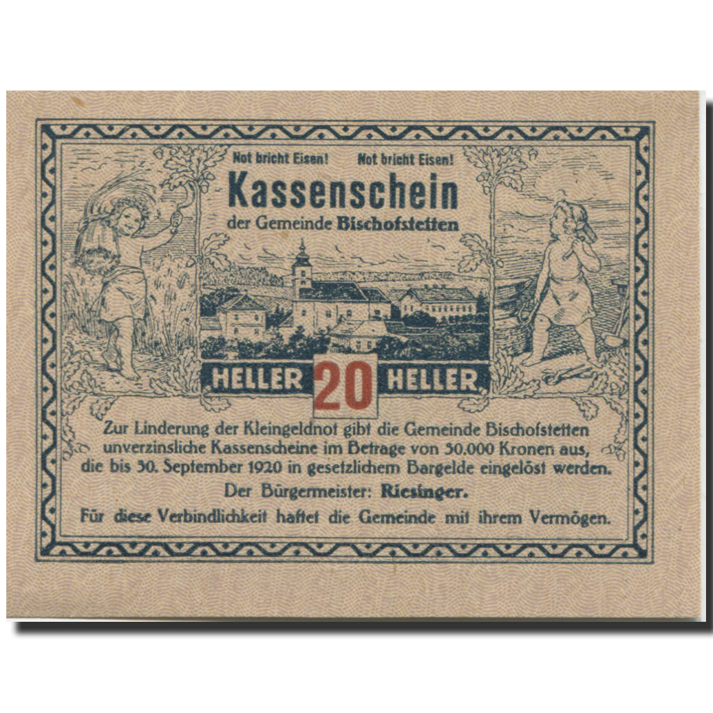 Banknote, Austria, Bischofstetten, 20 Heller, village, 1920 UNC(63) Mehl:FS 92a