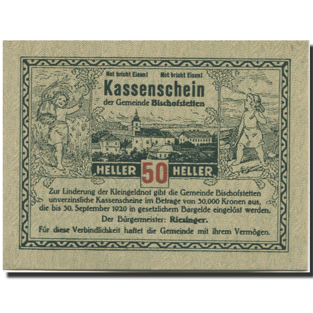 Banknote, Austria, Bischofstetten, 50 Heller, village, 1920 UNC(63) Mehl:FS 92a