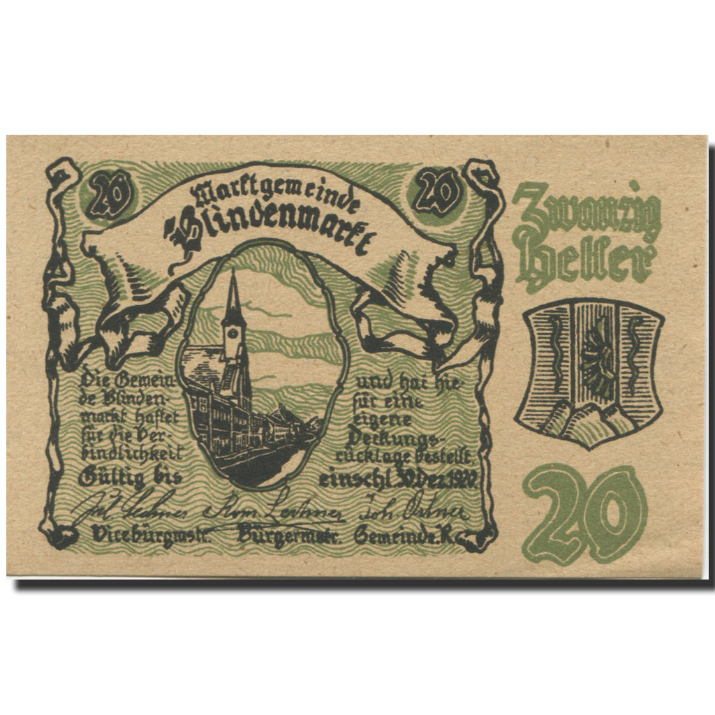 Banknote, Austria, Blindenmarkt, 20 Heller, rue, 1920 UNC(63) Mehl:FS 93IIa