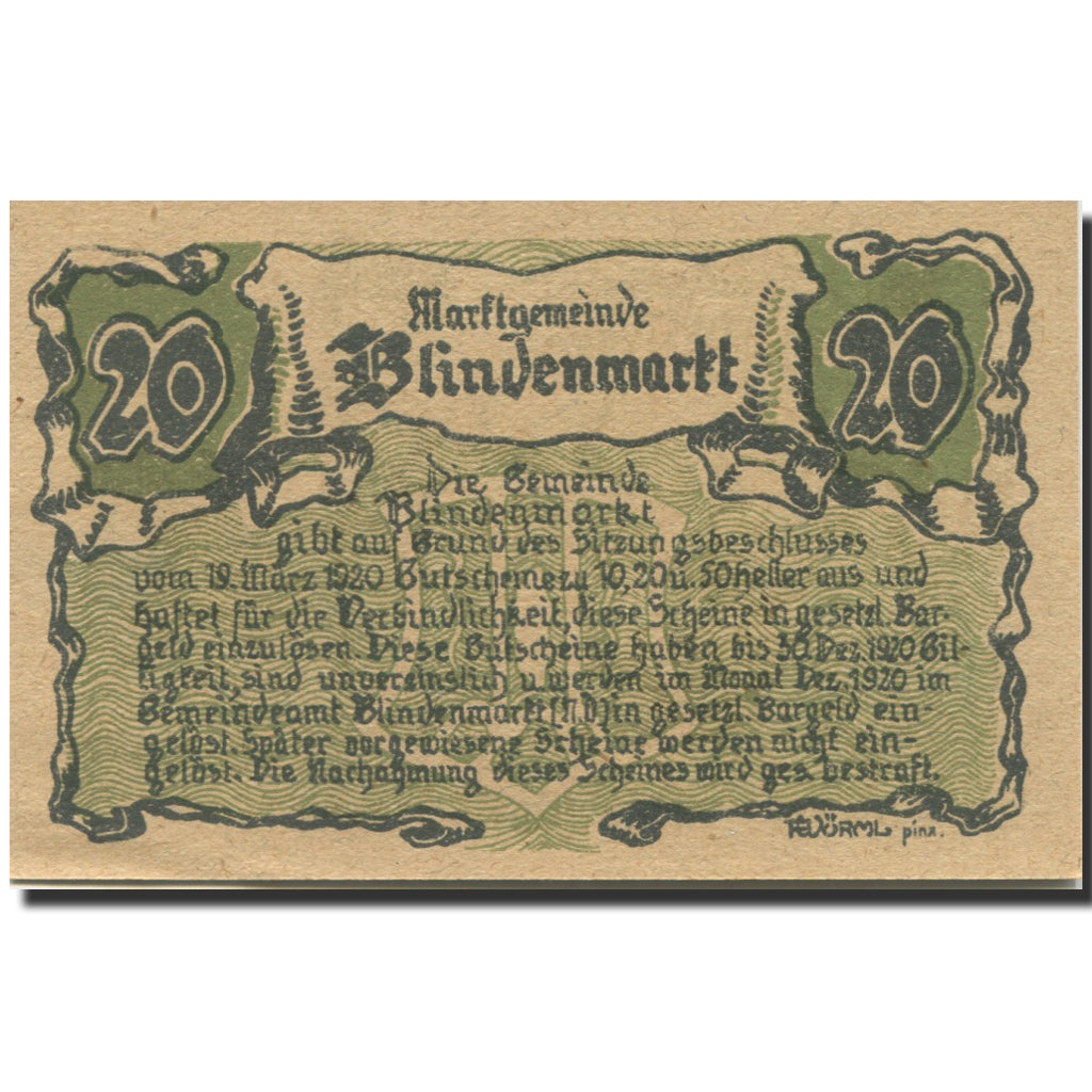 Banknote, Austria, Blindenmarkt, 20 Heller, rue, 1920 UNC(63) Mehl:FS 93IIa