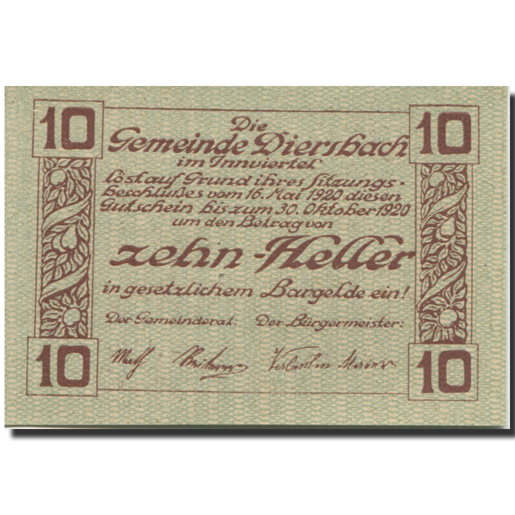 Banknote, Austria, Diersbach, 10 Heller, village, 1920 UNC(63) Mehl:FS 122a