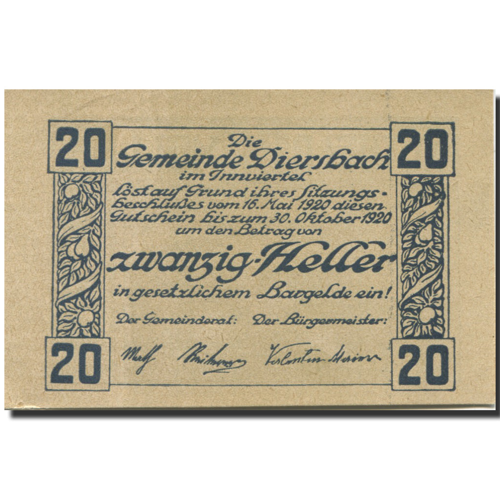Banknote, Austria, Diersbach, 20 Heller, village 1, 1920 UNC(63) Mehl:FS 122a