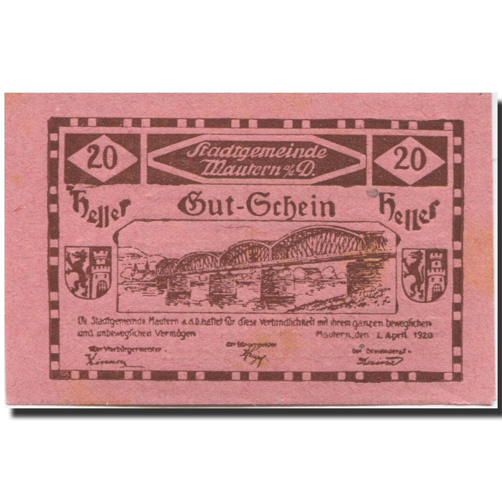 Geldschein, Österreich, Mautern, 20 Heller, pont, 1920 UNZ- Mehl:FS 600IIe2