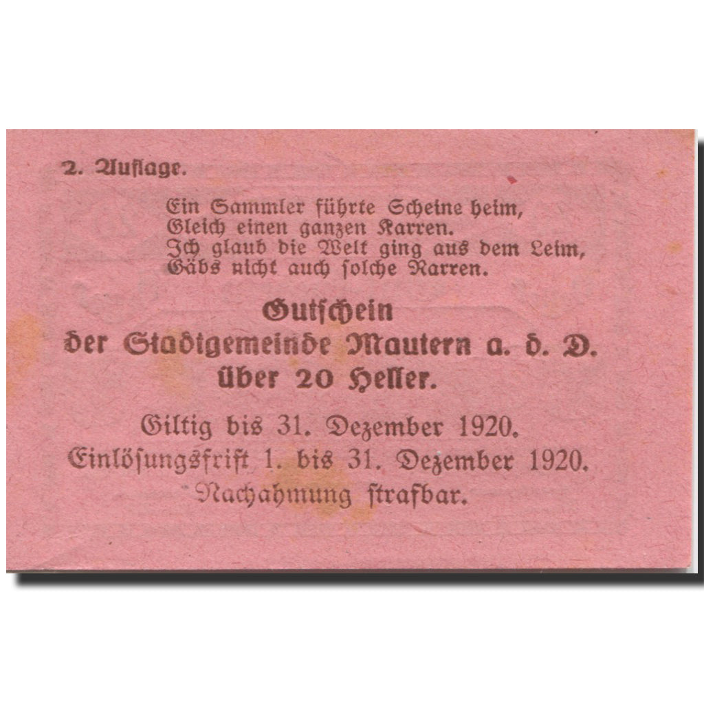 Geldschein, Österreich, Mautern, 20 Heller, pont, 1920 UNZ- Mehl:FS 600IIe2