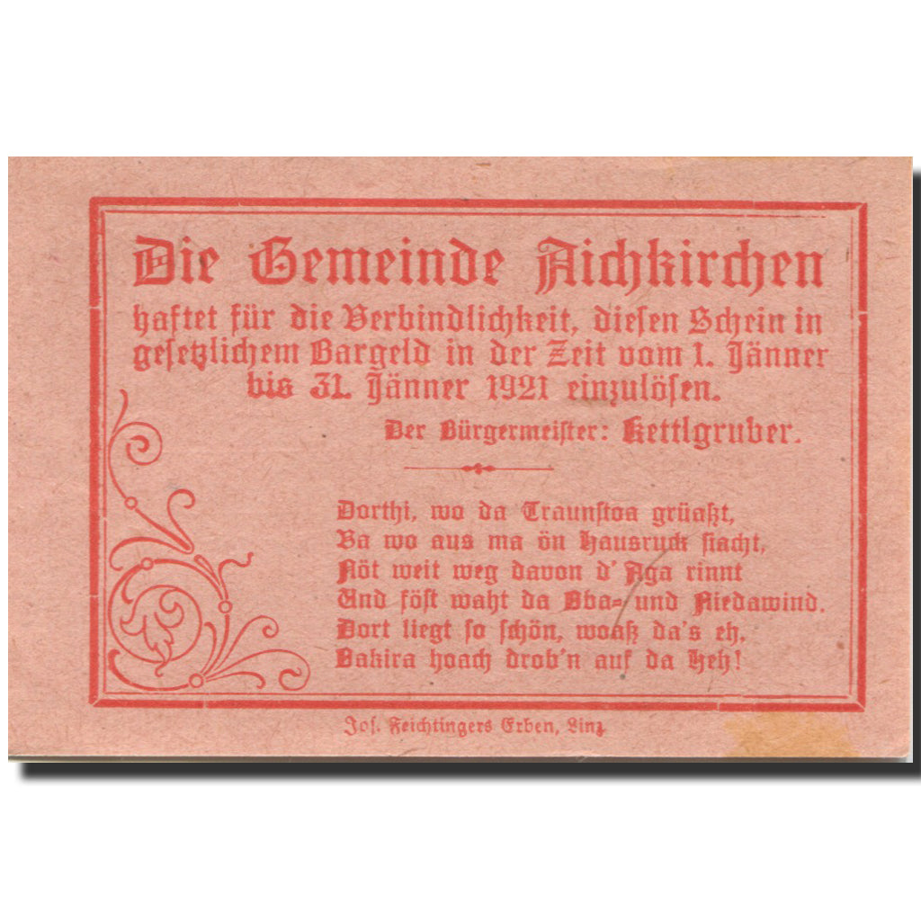 Banknote, Austria, Aichkirchen, 10 Heller, Eglise, 1921 UNC(63) Mehl:FS 11a