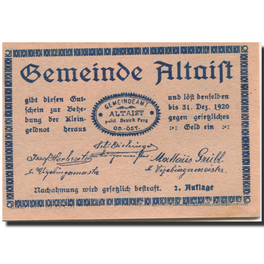 Banknote, Austria, Altaist, 50 Heller, Usine 1920-12-31, UNC(63), Mehl:FS 23b3