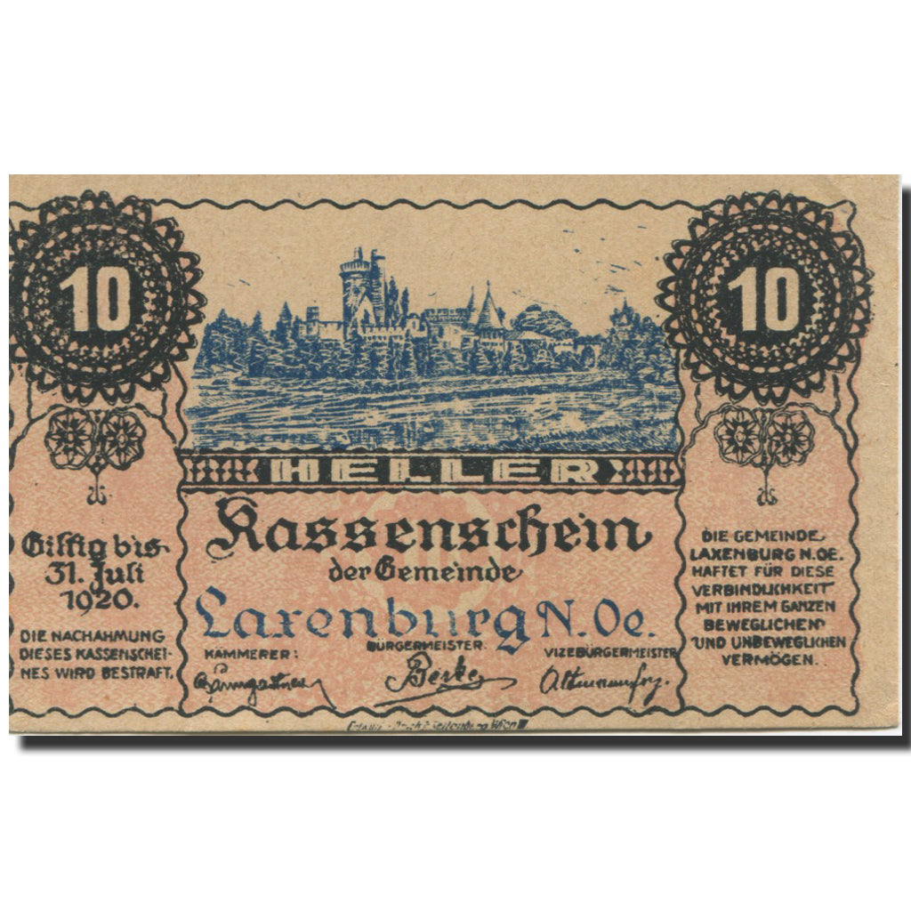 Banknote, Austria, Laxenburg, 10 Heller, château, 1920 UNC(63) Mehl:FS 507b