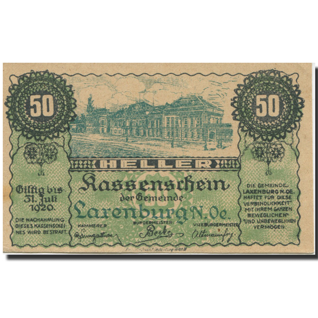Banknote, Austria, Laxenburg, 50 Heller, rue, 1920 UNC(63), Mehl:FS 507b