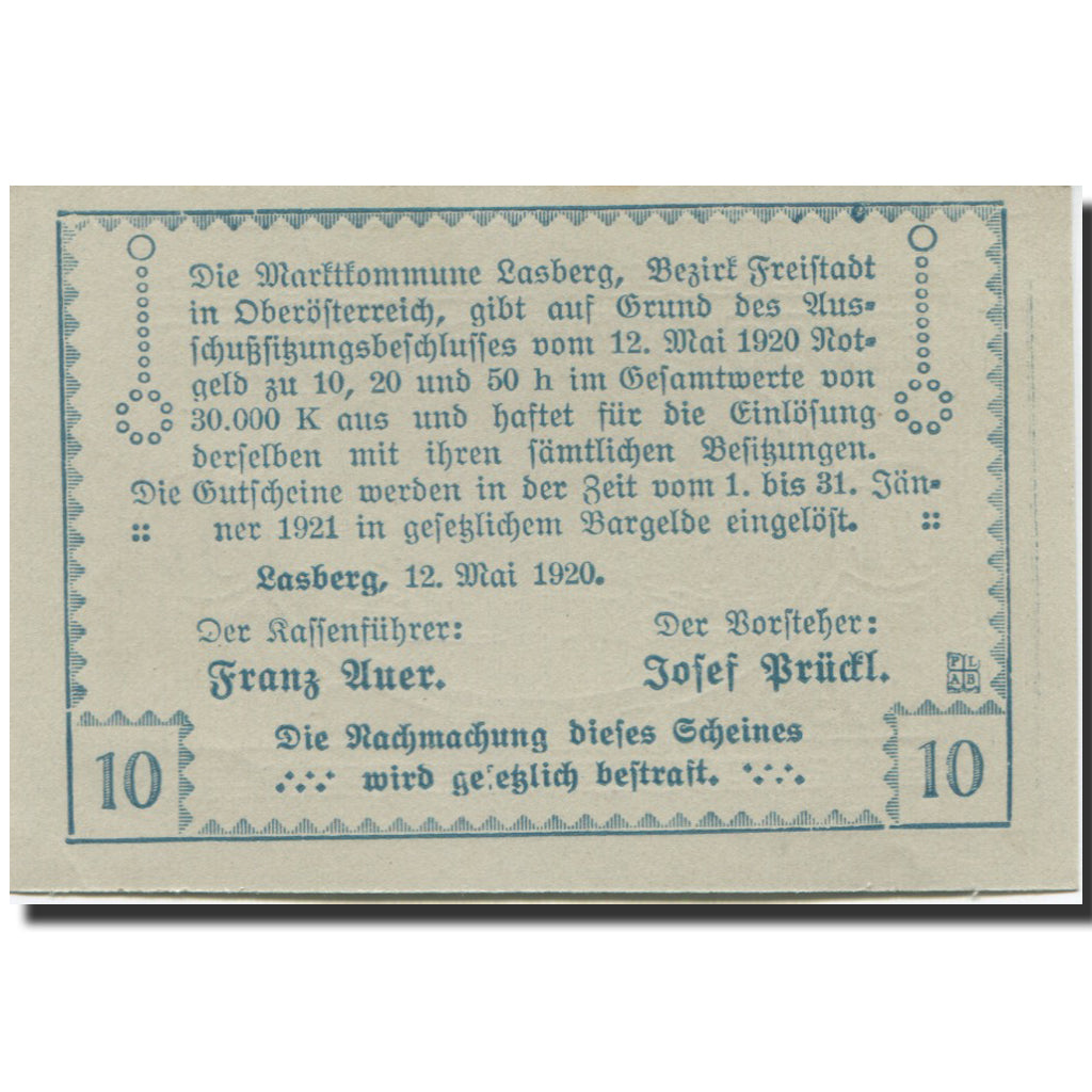 Banknote, Austria, Lasberg, 10 Heller, paysage 1920-05-12, UNC(63) Mehl:FS 505a