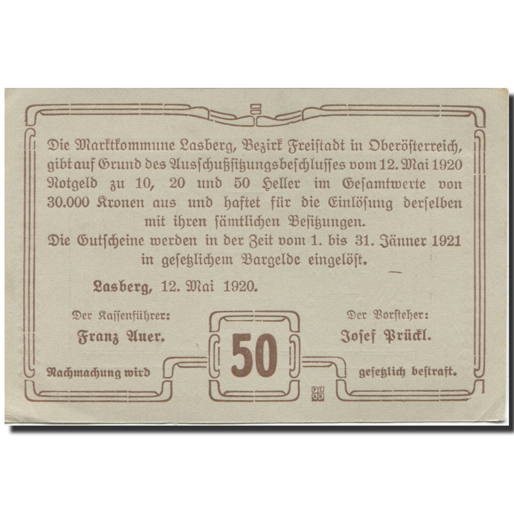 Banknote, Austria, Lasberg, 50 Heller, Eglise, 1920 UNC(63) Mehl:FS 505b