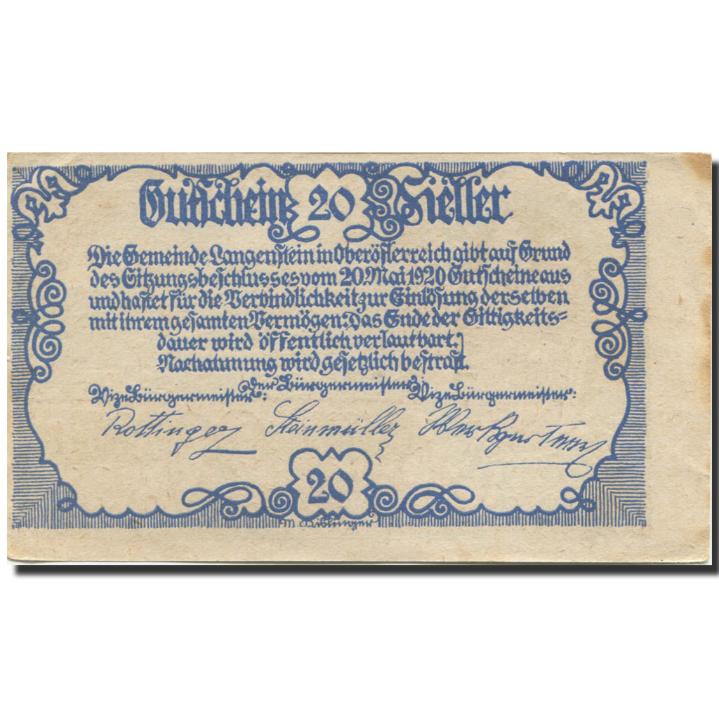Banknote, Austria Langenstein, 20 Heller, chevalier, 1920 AU(55-58) Mehl:FS 502a