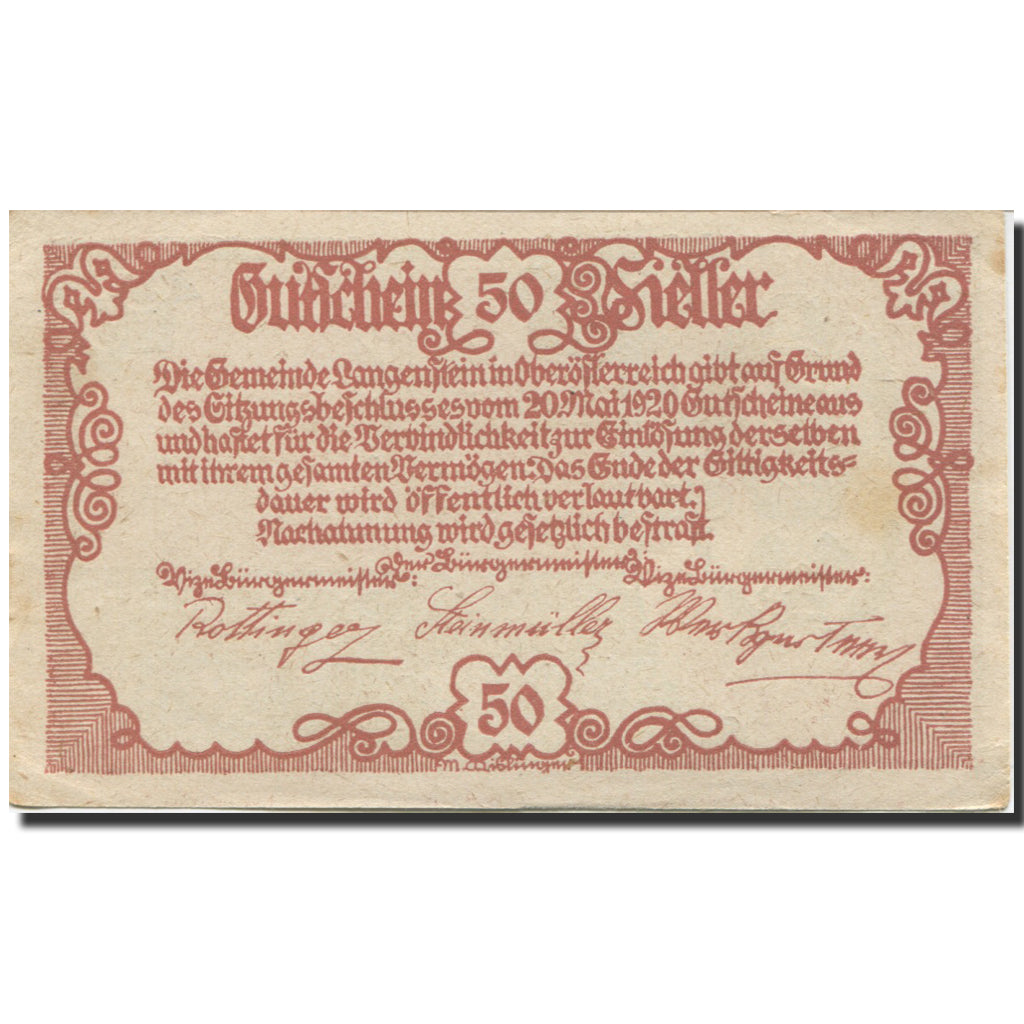 Banknote, Austria, Langenstein, 50 Heller, rue, 1920 AU(55-58) Mehl:FS 502a