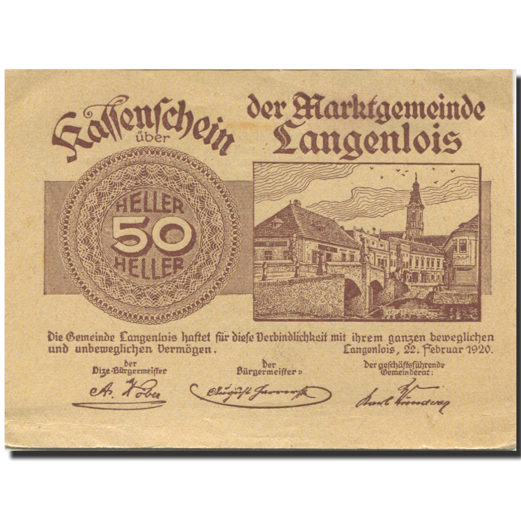 Banknote, Austria, Langenlois, 50 Heller, pont, 1920 UNC(63) Mehl:FS 501h