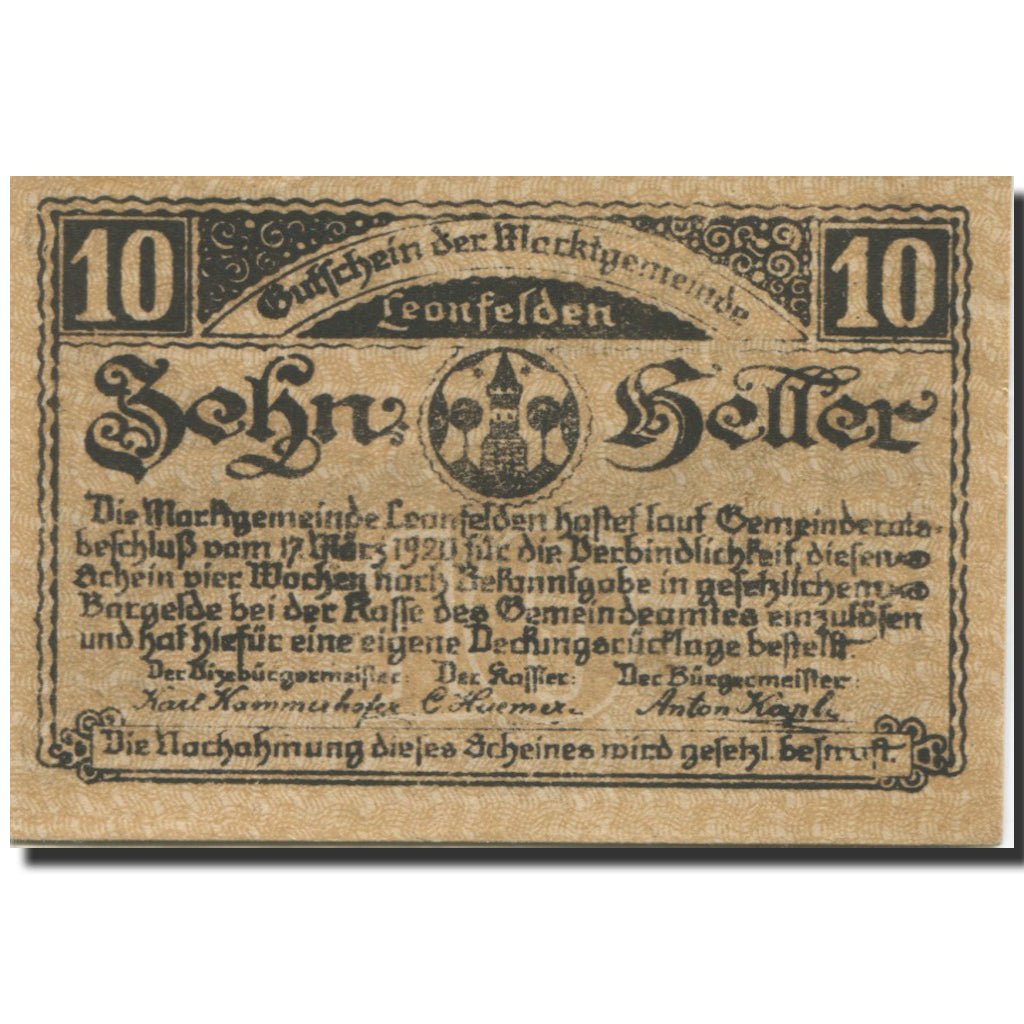 Banknote, Austria, Leonfelden, 10 Heller, place, 1920 UNC(63) Mehl:FS 514