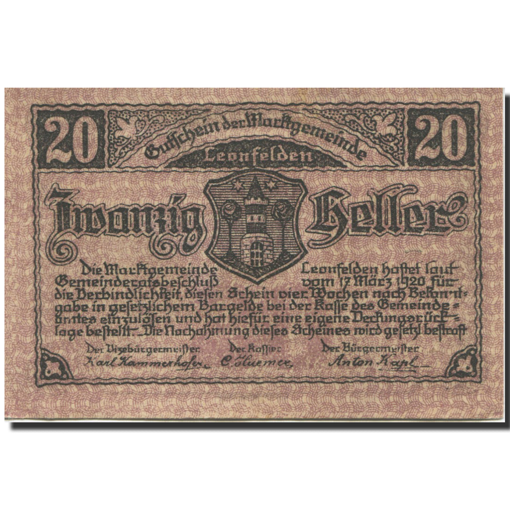 Banknote, Austria, Leonfelden, 20 Heller, rue, 1920 UNC(63) Mehl:FS 514