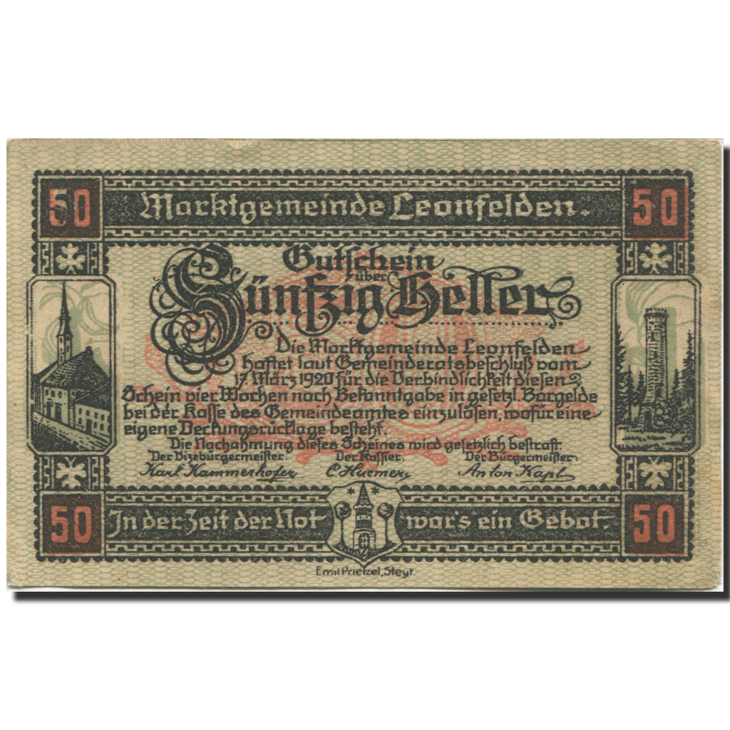 Biljet, Oostenrijk, Leonfelden, 50 Heller, village 1920-08-31, SPL Mehl:FS 514