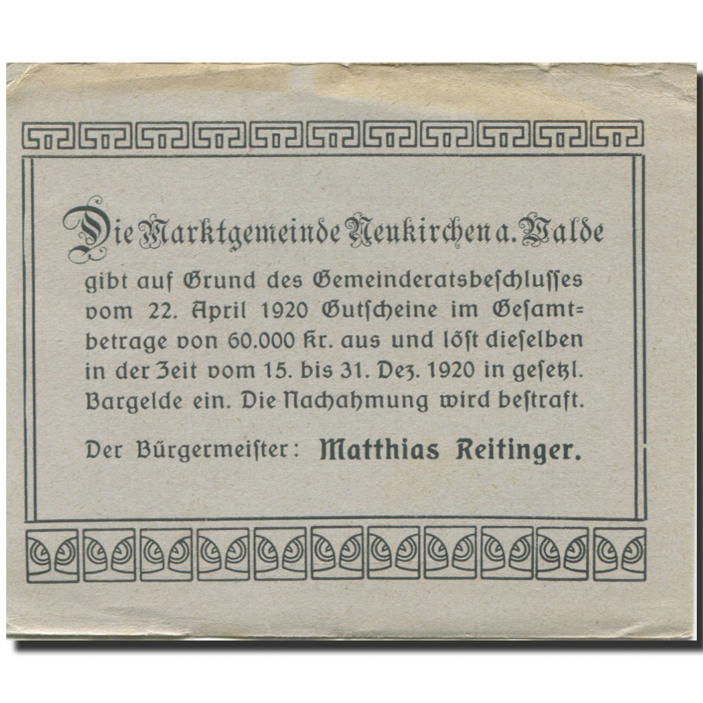 Banknote, Austria, Neukirchen, 50 Heller, Eglise, 1920, EF(40-45) Mehl:FS 655Ia