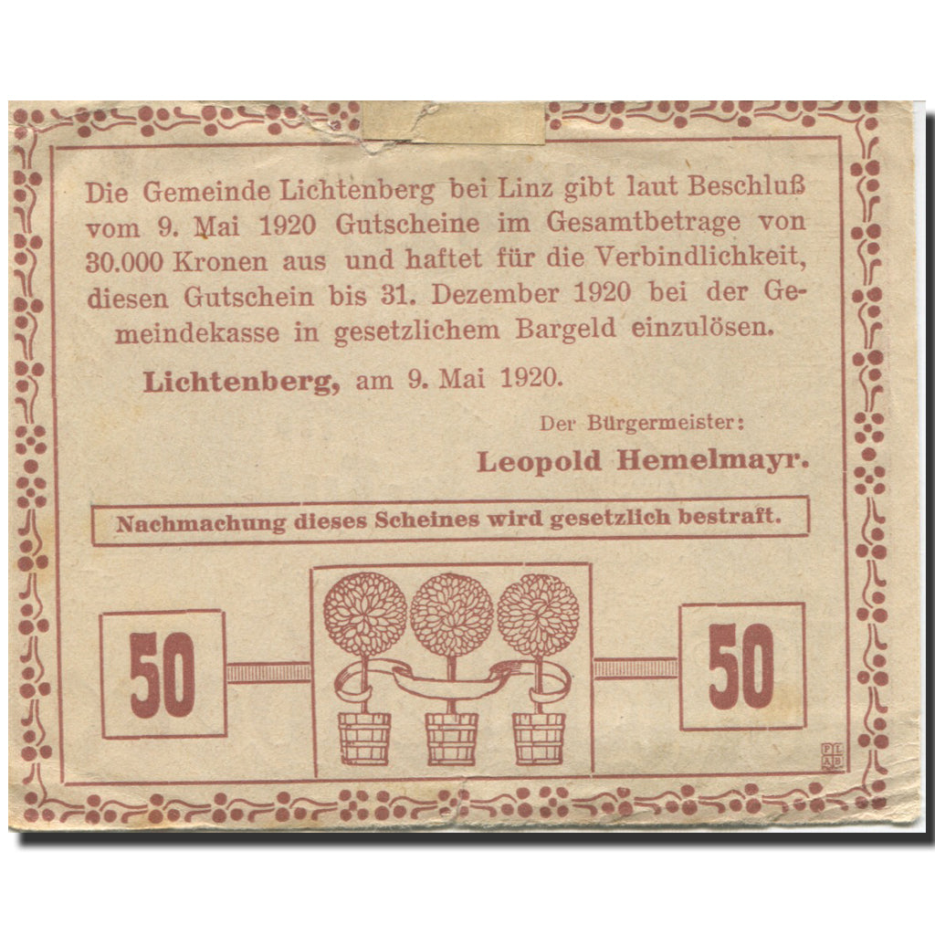 Banknote, Austria, Lichtenberg, 50 Heller, ferme 1920, EF(40-45) Mehl:FS 518c