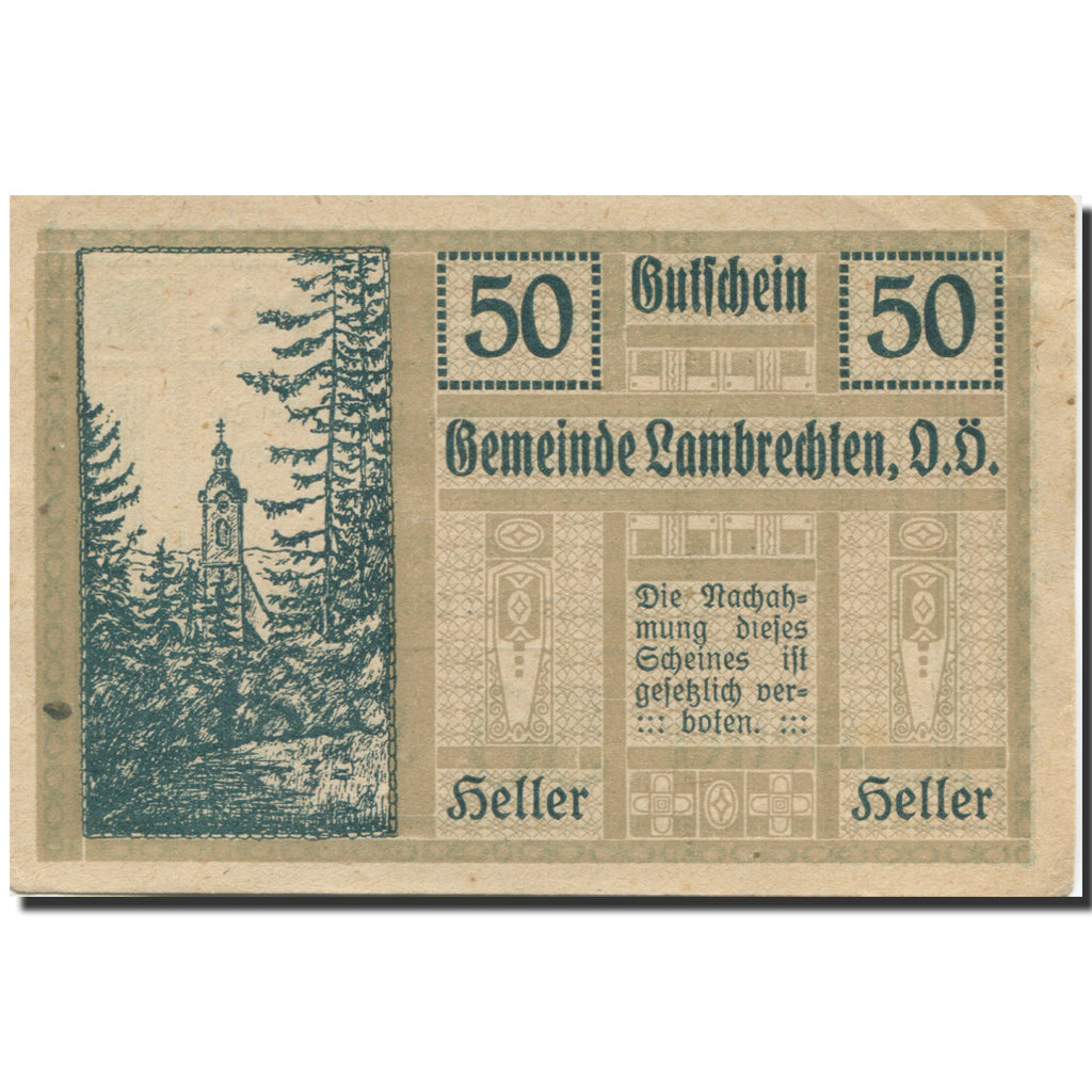 Banknote, Austria, Lambrechten, 50 Heller, sapin, 1920 UNC(63) Mehl:FS 497b