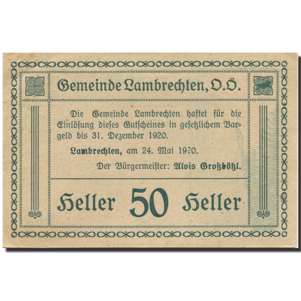 Banknote, Austria, Lambrechten, 50 Heller, sapin, 1920 UNC(63) Mehl:FS 497b